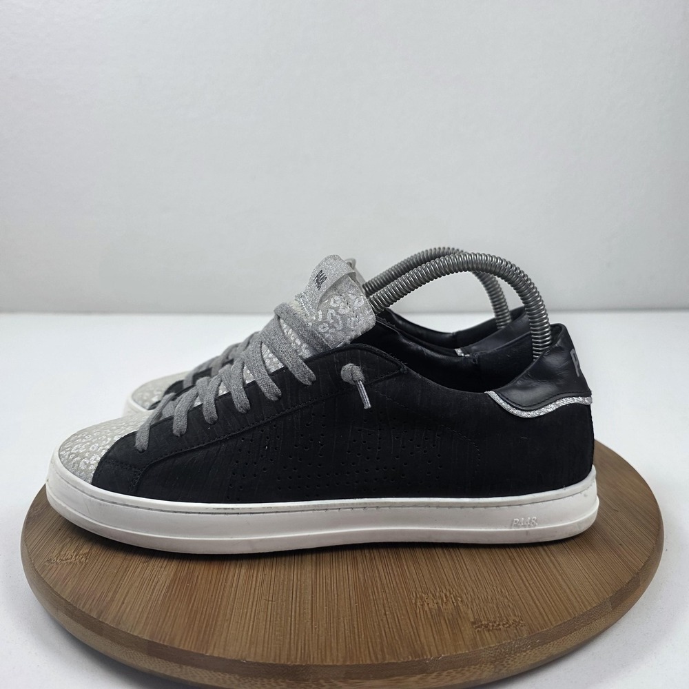 P448 Shoes Womens Size 10 Black Suede Silver Animal Print Low Top Sneakers